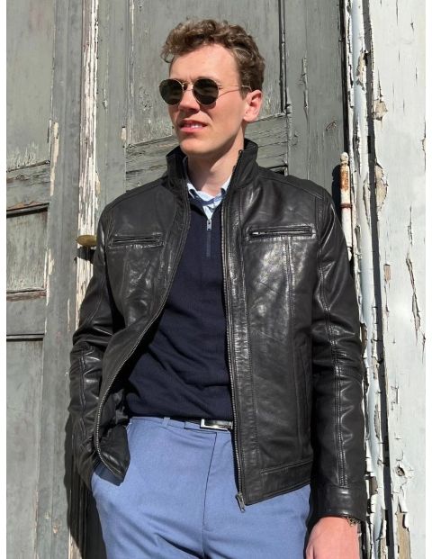 Marlow - Collar - Lamb Polish Nappa Leather -man - Black / L&aelig;derjakke