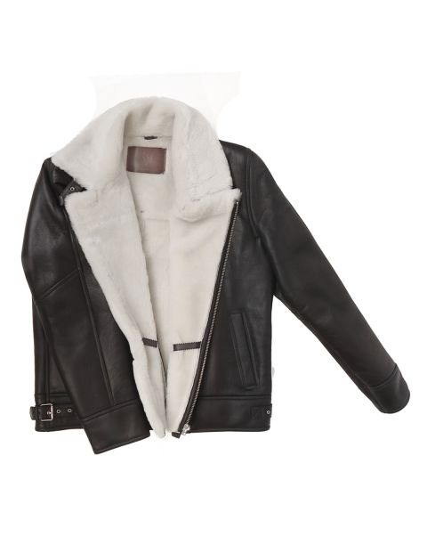 Genuine Shearling Sheepskin Bomber Jacket: B4 Black / White, Authentic Shearling Aviator Jacket