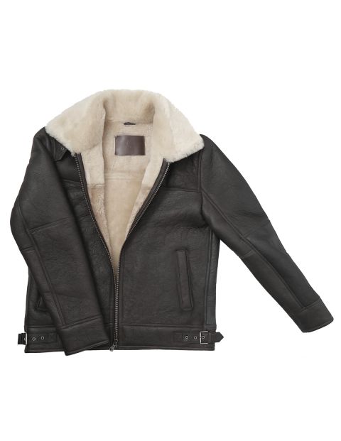 Genuine Shearling Sheepskin Bomber Jacket: B3 Brown / Cream, Authentic Shearling Aviator Jacket