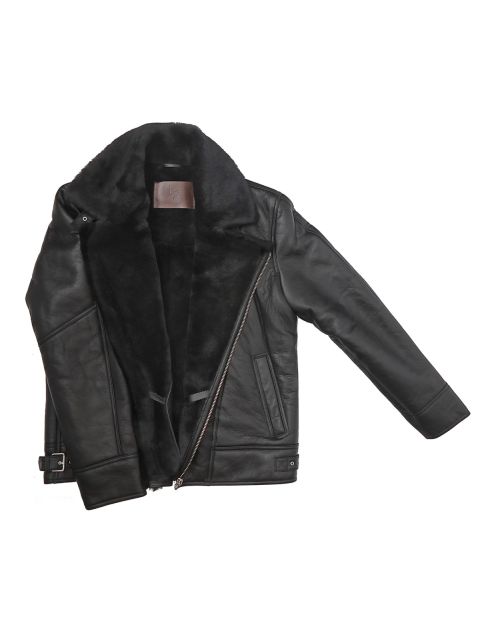 Genuine Shearling Sheepskin Bomber Jacket: B4 Black / Black, Authentic Shearling Aviator Jacket