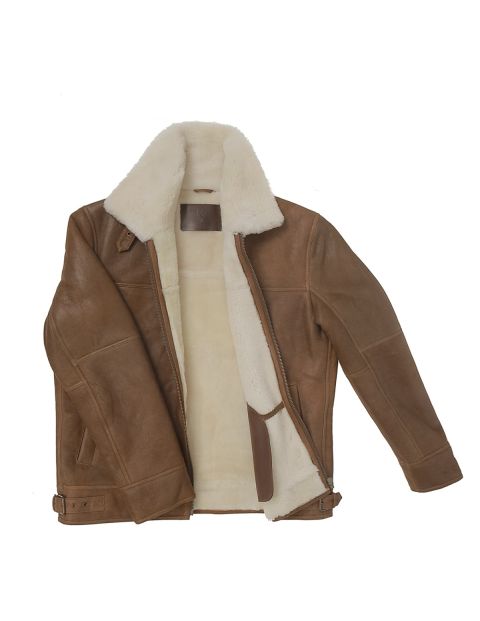 Genuine Shearling Sheepskin Bomber Jacket: B3 Brown / White, Authentic Shearling Aviator Jacket
