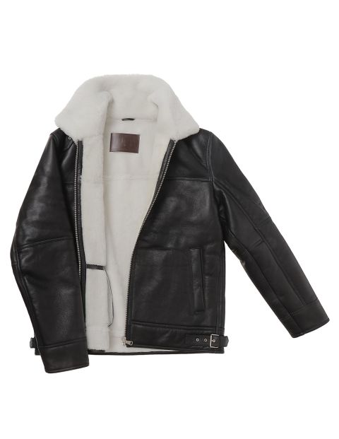 Genuine Shearling Sheepskin Bomber Jacket: B3 Black / White, Authentic Shearling Aviator Jacket