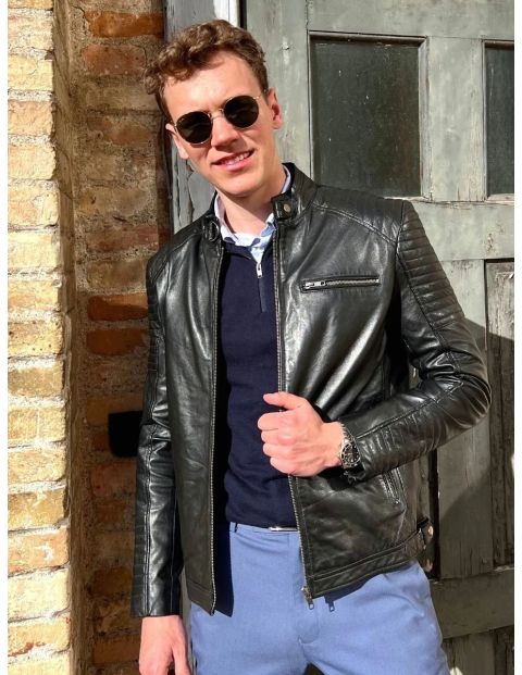 Mens Leather Jacket "Scooter" in Lamb Polish Nappa Leather - Black by Levinsky Copenhagen