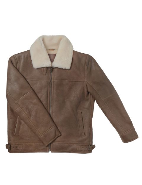 Genuine Shearling Sheepskin Bomber Jacket: B3 Brown / White, Authentic Shearling Aviator Jacket
