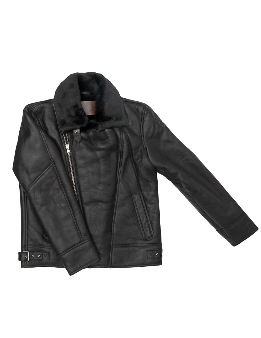 Genuine Shearling Sheepskin Bomber Jacket: B4 Black / Black, Authentic Shearling Aviator Jacket