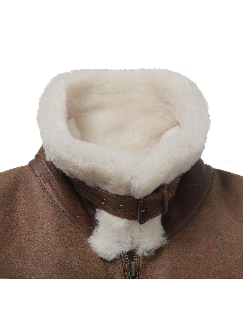 Genuine Shearling Sheepskin Bomber Jacket: B3 Brown / White, Authentic Shearling Aviator Jacket