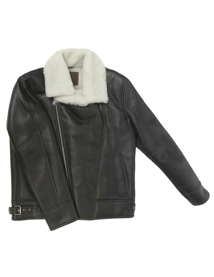 Genuine Shearling Sheepskin Bomber Jacket: B4 Black / White, Authentic Shearling Aviator Jacket
