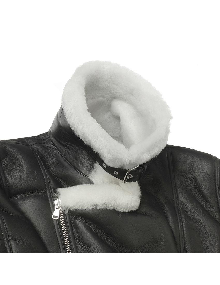 Genuine Shearling Sheepskin Bomber Jacket: B4 Black / White, Authentic Shearling Aviator Jacket