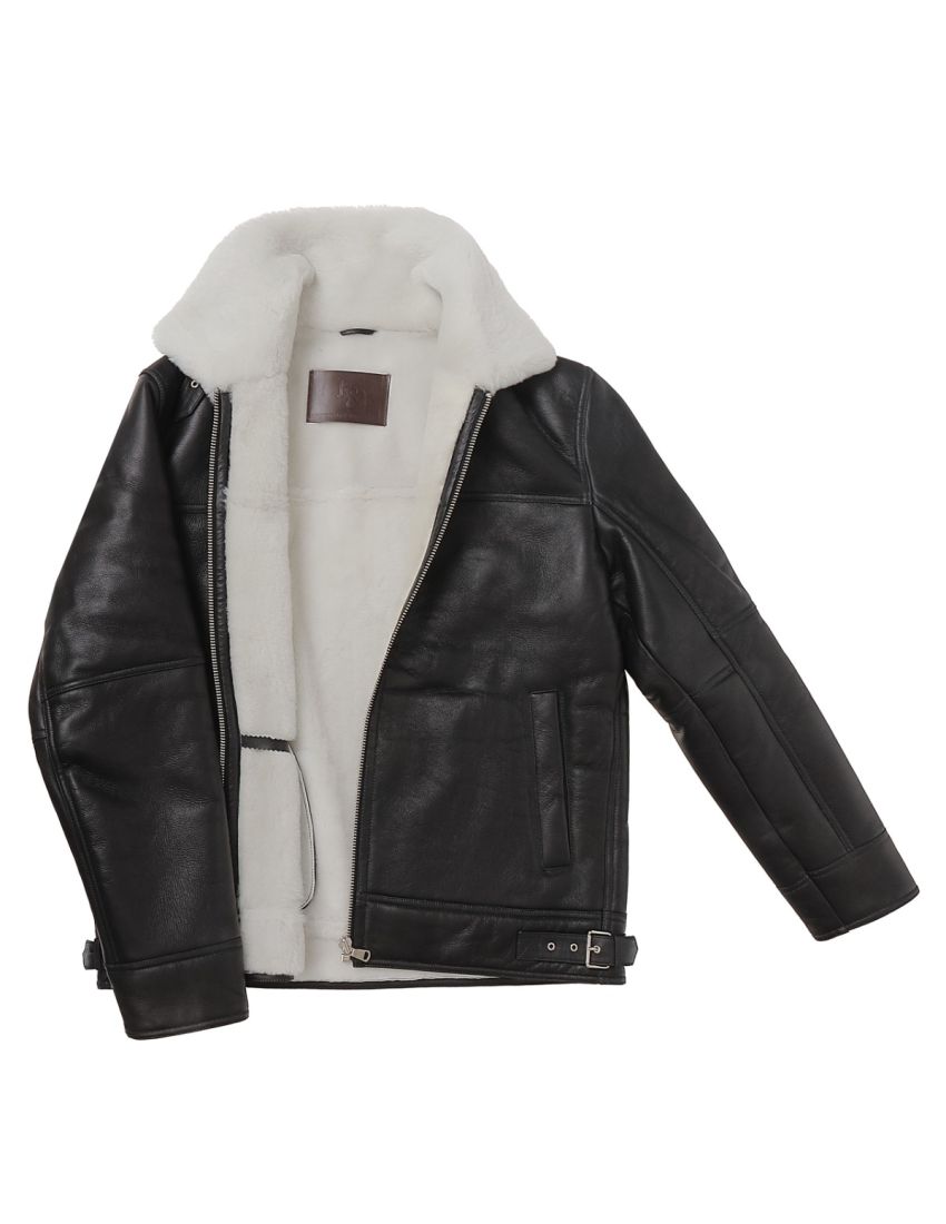 Genuine Shearling Sheepskin Bomber Jacket: B3 Black / White, Authentic Shearling Aviator Jacket
