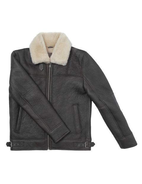 Genuine Shearling Sheepskin Bomber Jacket: B3 Brown / Cream, Authentic Shearling Aviator Jacket