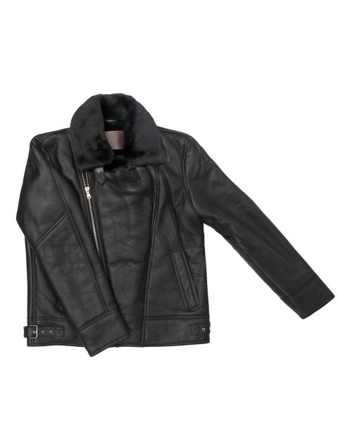 Genuine Shearling Sheepskin Bomber Jacket: B4 Black / Black, Authentic Shearling Aviator Jacket