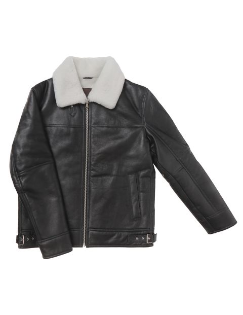 Genuine Shearling Sheepskin Bomber Jacket: B3 Black / White, Authentic Shearling Aviator Jacket